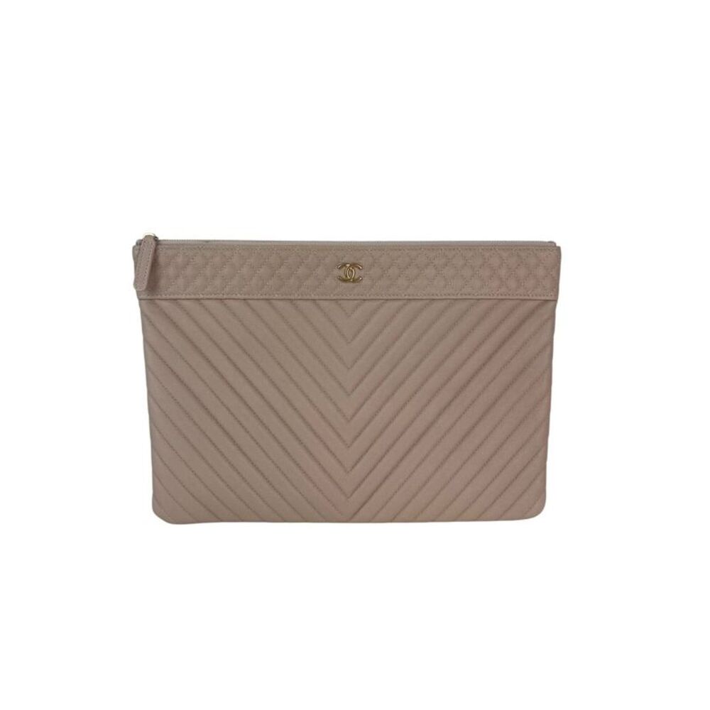 Chanel Caviar Chevron Quilted Large Beige Leather Cosmetic Clutch Bag